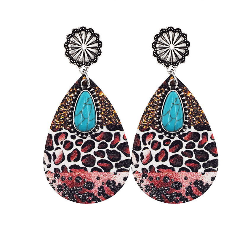 Wholesale Western Denim Leopard Leather Earrings